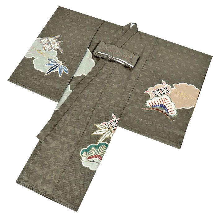 お宮参り着物男の子産着濃松葉宝尽くし松竹梅吉祥紋正絹友禅手書き友禅銀通し金駒刺繍手刺繍金彩箔づかい新品日本製販売購入きもの祝い着のしめ掛け着初着祝着一つ身服装赤ちゃんベビー贈答プレゼント御祝いカーキグリーンfs