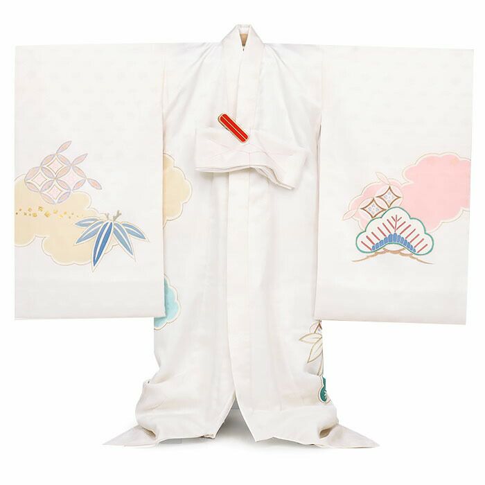 お宮参り着物男の子女の子男女兼用産着白宝尽くし松竹梅吉祥紋正絹友禅手書き友禅金駒刺繍手刺繍銀通し金彩新品日本製販売購入きもの祝い着のしめ掛け着初着祝着一つ身服装赤ちゃんベビー贈答プレゼント御祝いホワイトユニセックスfs