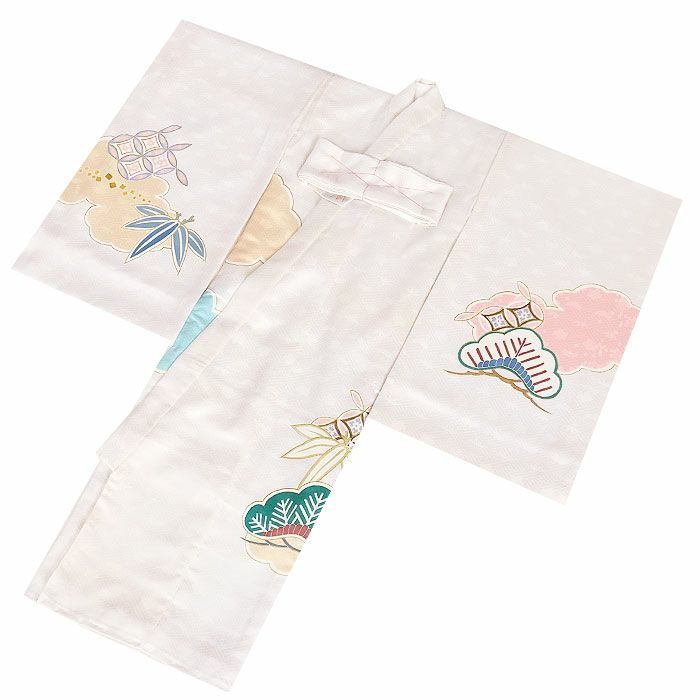 お宮参り着物男の子女の子男女兼用産着白宝尽くし松竹梅吉祥紋正絹友禅手書き友禅金駒刺繍手刺繍銀通し金彩新品日本製販売購入きもの祝い着のしめ掛け着初着祝着一つ身服装赤ちゃんベビー贈答プレゼント御祝いホワイトユニセックスfs