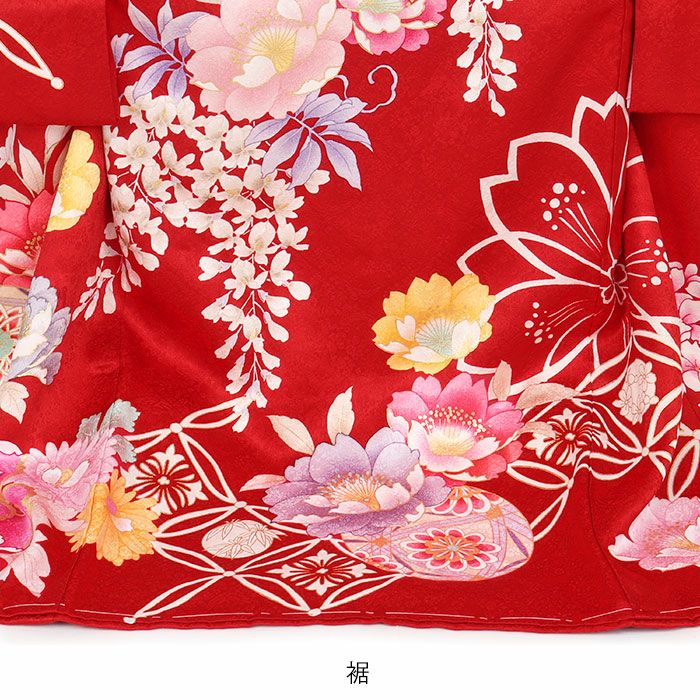 お宮参り着物女の子産着赤牡丹桜菊鞠花七宝花丸藤正絹友禅金駒刺繍金彩新品販売購入きもの祝い着のしめ掛け着初着祝着一つ身服装赤ちゃんベビー芍薬毬まりマリ