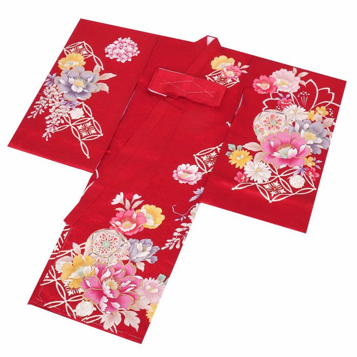 お宮参り着物女の子産着赤牡丹桜菊鞠花七宝花丸藤正絹友禅金駒刺繍金彩新品販売購入きもの祝い着のしめ掛け着初着祝着一つ身服装赤ちゃんベビー芍薬毬まりマリ