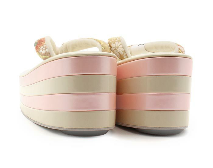振袖草履成人式草履振袖ぞうり成人用レディース華三彩Lサイズクリームピンク薄黄桃華紋正絹帯地合皮エナメル4枚芯厚底ハイヒールバイカラー日本製優花緒痛くない歩きやすい女性振袖卒業袴振り袖ママ振おしゃれはたち結婚式ぞうり草履fs