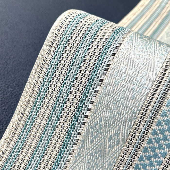 帯夏用博多八寸帯仕立て上がり普段用カジュアル本場筑前博多織羅名古屋帯アイボリー水色献上黒木織物全通【小紋・紬】