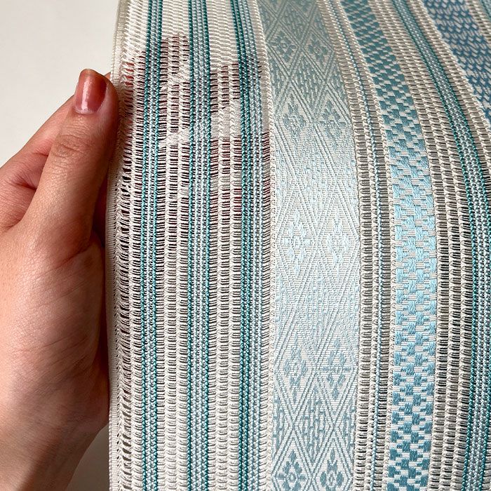 帯夏用博多八寸帯仕立て上がり普段用カジュアル本場筑前博多織羅名古屋帯アイボリー水色献上黒木織物全通【小紋・紬】