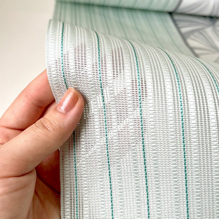 夏帯八寸名古屋帯薄緑縞に捩れ風車正絹紗窓本場筑前博多織福絖織物仕立て上がり【帯夏夏用紗夏名古屋帯夏八寸帯袋名古屋帯夏着物単衣薄物訪問着付け下げ小紋