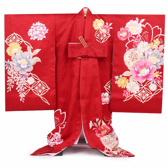 お宮参り着物女の子産着赤牡丹桜菊鞠花七宝花丸藤正絹友禅金駒刺繍金彩新品販売購入きもの祝い着のしめ掛け着初着祝着一つ身服装赤ちゃんベビー芍薬毬まりマリ