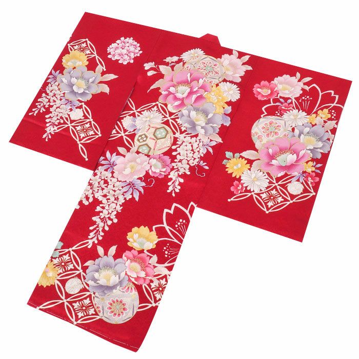 お宮参り着物女の子産着赤牡丹桜菊鞠花七宝花丸藤正絹友禅金駒刺繍金彩新品販売購入きもの祝い着のしめ掛け着初着祝着一つ身服装赤ちゃんベビー芍薬毬まりマリ