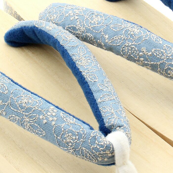 下駄レディース浴衣用ゆかた用白木台茶台ブルーシルバーイエローゴールドフリーサイズ全2色桐下駄薔薇バラ女性女性用げた軽い花刺繍鼻緒ML青銀黄金踵プリントかわいいフェミニン残暑