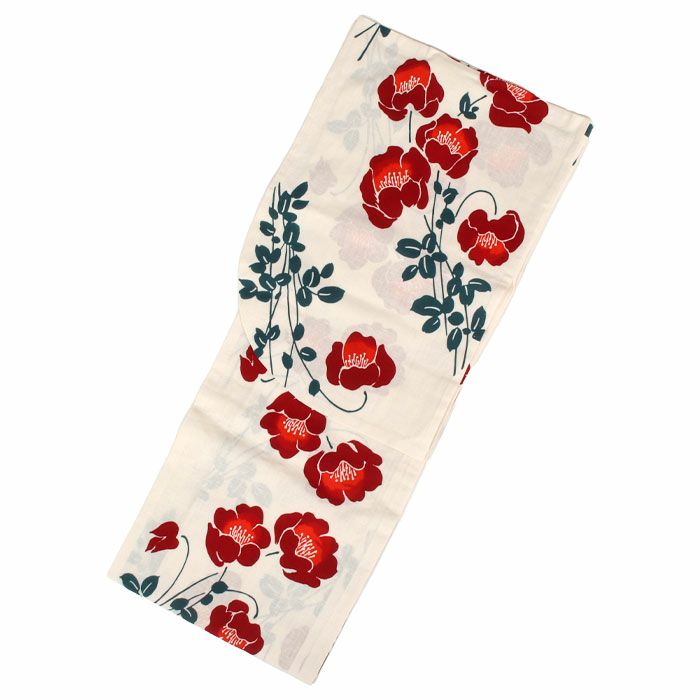 浴衣 単品 《そしてゆめ》 白地にエンジ系 ポピー 綿100％