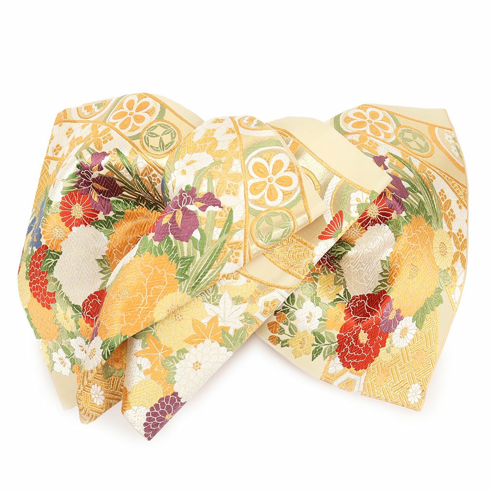 アウトレット 袋帯 振袖用 帯 成人式 ＜ 金 ／ 束ね熨斗に花 ＞ 西陣織