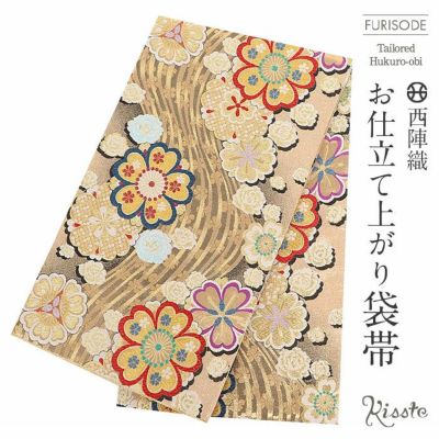 正絹 六通袋帯【小花 横縞】No2852