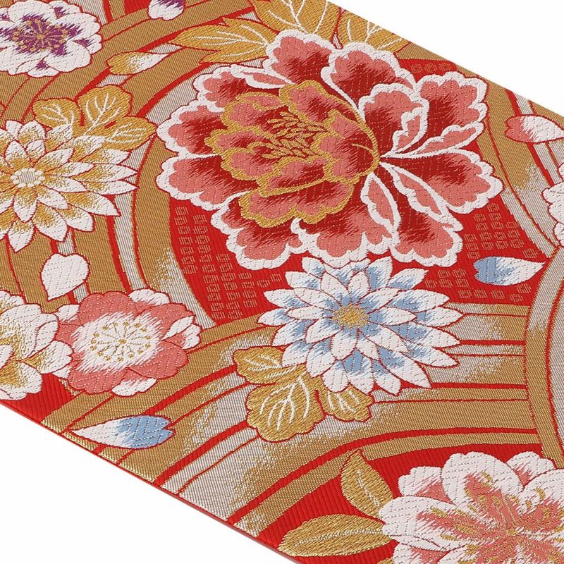袋帯 振袖用 帯 成人式 赤 青海波 牡丹 西陣織 大光織物 仕立て上がり