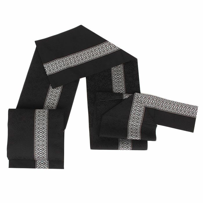 博多織 八寸名古屋帯 森博多織謹製 黒穂間道 No.3735 正絹 単衣 袷 名古屋帯 博多帯 博多織 帯 八寸 黒 献上 桔梗 黒穂間道 森博多織物