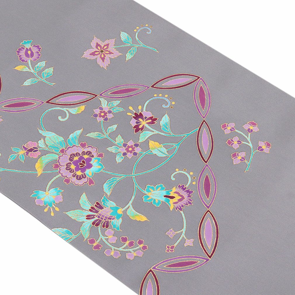 塩瀬 名古屋帯 帯 九寸 正絹 仕立て上がり ＜ グレー / 唐花 ＞ 日本製