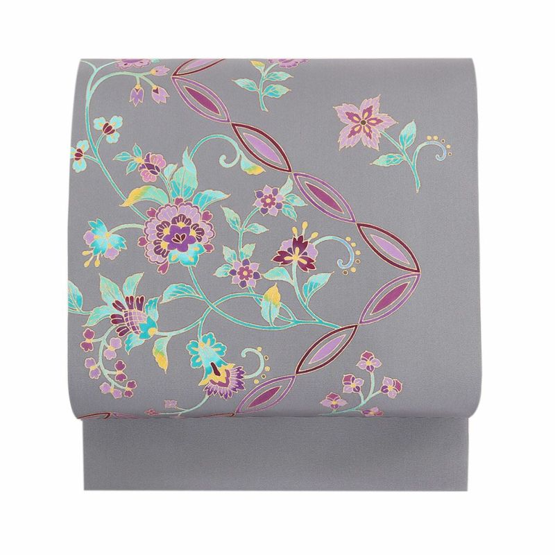 塩瀬 名古屋帯 帯 九寸 正絹 仕立て上がり ＜ グレー / 唐花 ＞ 日本製