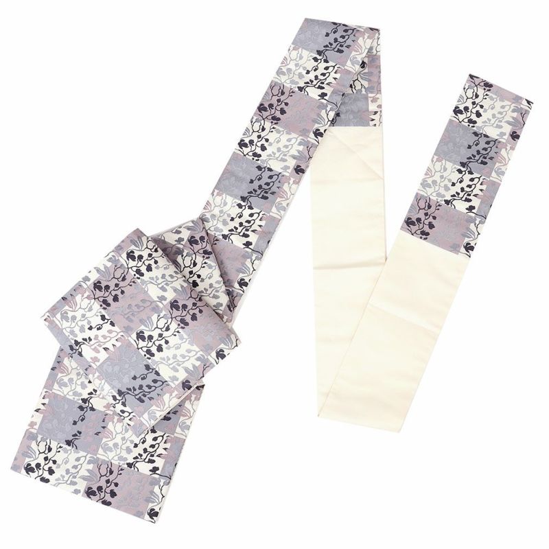 名古屋帯 帯 九寸 ＜白／格子に唐草＞ 織善織物 正絹 お仕立て上がり