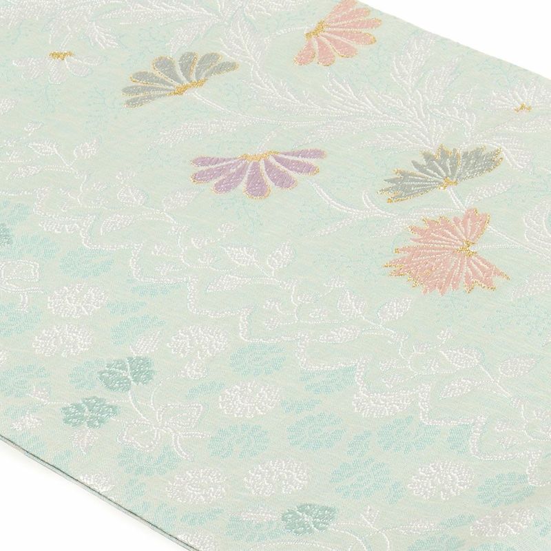 名古屋帯水色九寸帯唐花小花西陣織弥栄織物お仕立て上がり6通柄正絹