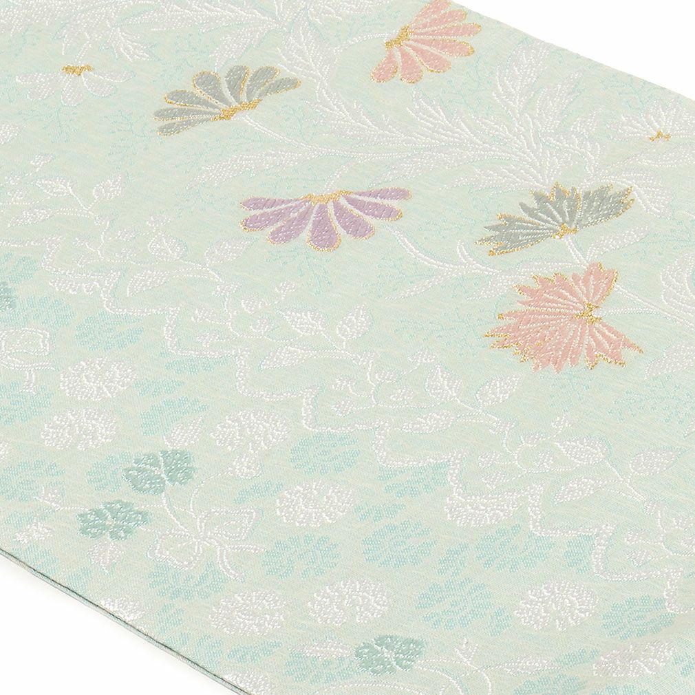 名古屋帯水色九寸帯唐花小花西陣織弥栄織物お仕立て上がり6通柄正絹