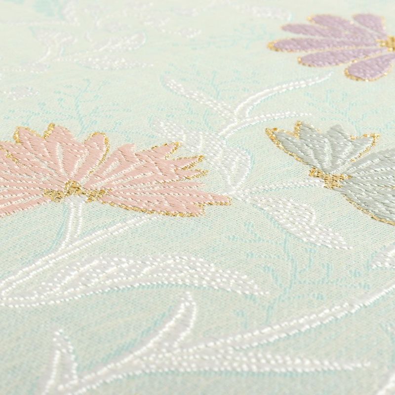 名古屋帯水色九寸帯唐花小花西陣織弥栄織物お仕立て上がり6通柄正絹