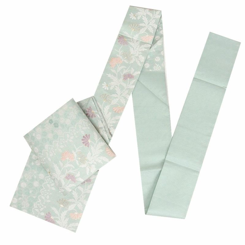 名古屋帯水色九寸帯唐花小花西陣織弥栄織物お仕立て上がり6通柄正絹