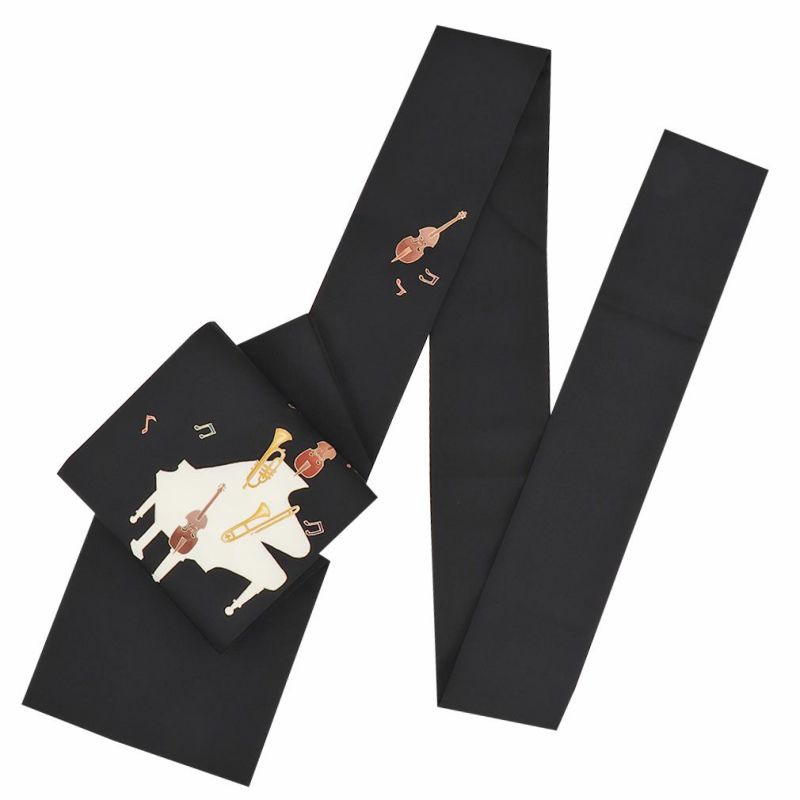 暮らしの音楽 ナポリ　帯付き 名古屋帯 黒 九寸 帯 ＜ 音楽会 ＞ 正絹 仕立て上がり 全通柄