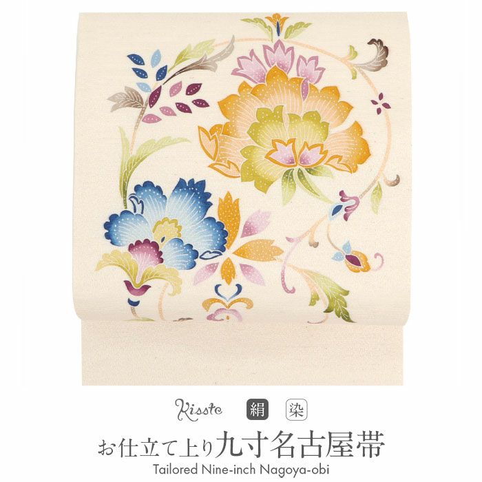 名古屋帯 生成り 九寸 帯 ＜更紗＞ タッサーシルク 正絹 純絹織物