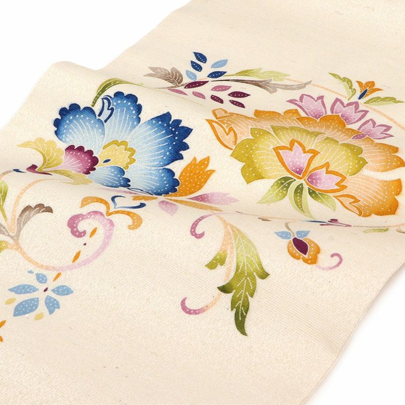 名古屋帯 生成り 九寸 帯 ＜更紗＞ タッサーシルク 正絹 純絹織物