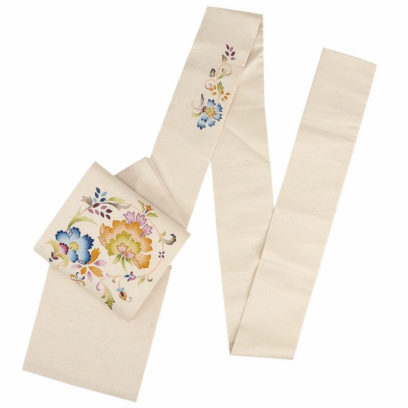 名古屋帯 生成り 九寸 帯 ＜更紗＞ タッサーシルク 正絹 純絹織物