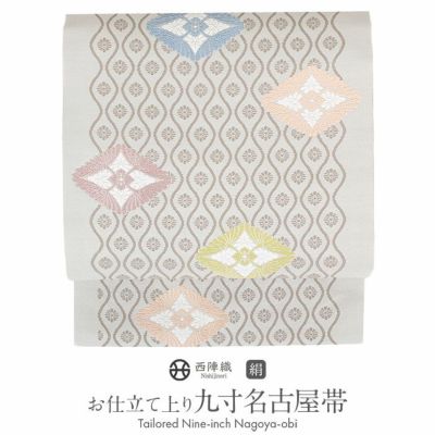 名古屋帯 九寸 ＜水色／モダン唐花＞ 西陣・木原織物 仕立て上がり