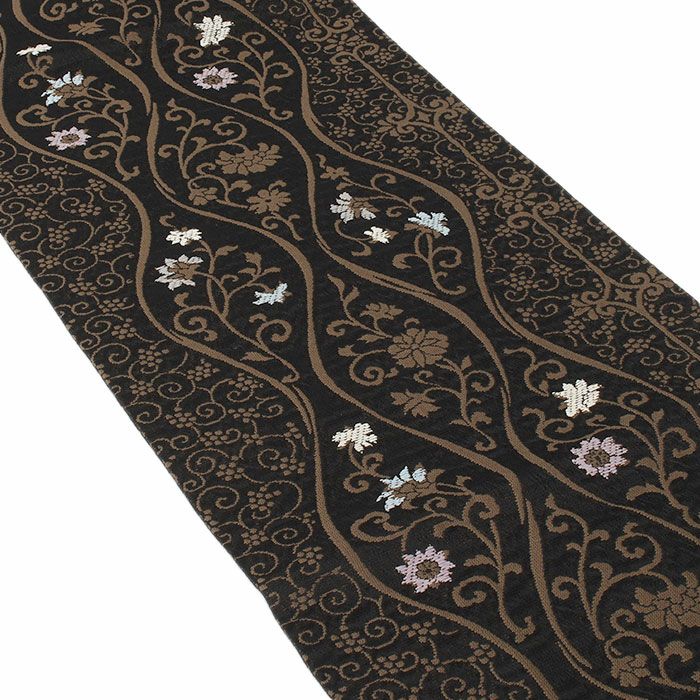 名古屋帯 黒 茶色 立涌 唐花 廣部織物 普段用 九寸 仕立て上がり 絹