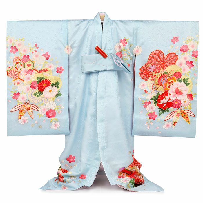 お宮参り 着物 女の子 産着 水色 鞠 牡丹 鼓 小槌 折鶴 八重桜