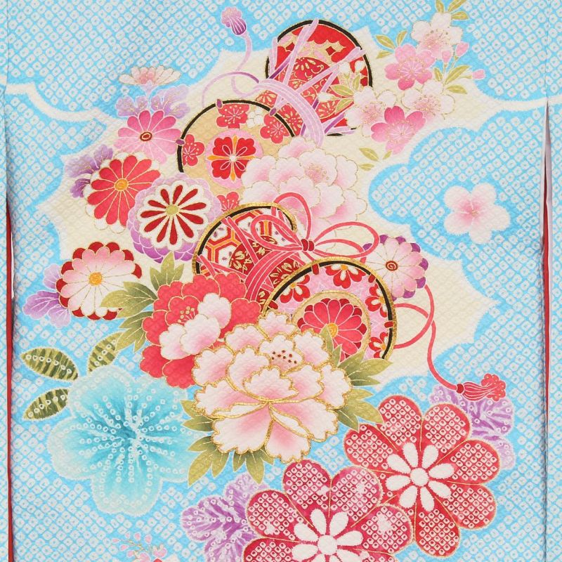 お宮参り 着物 女の子 産着 祝い着 水色 鹿の子雲どりに鼓 正絹 のしめ