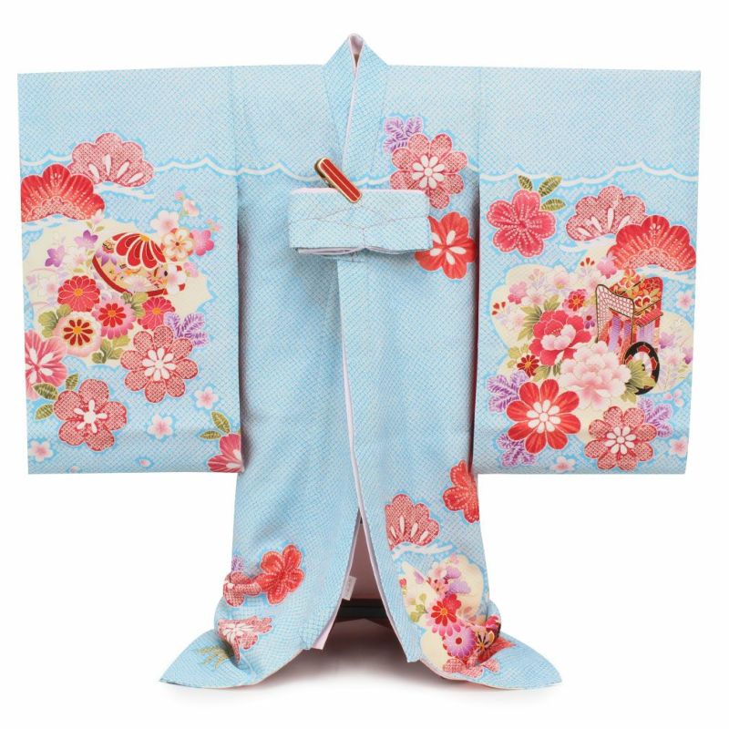 お宮参り 着物 女の子 産着 祝い着 水色 鹿の子雲どりに鼓 正絹 のしめ