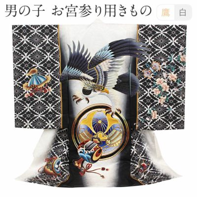 お宮参り 着物 男の子 産着 祝い着 赤 金 水色 鷹 富士山 吉祥紋 正絹