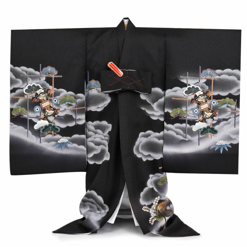 お宮参り 着物 男の子 産着 祝い着 黒 鷹 束ね熨斗 正絹 のしめ 掛け着