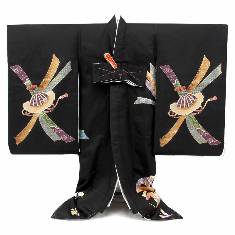 お宮参り 着物 男の子 産着 黒 束ね熨斗 軍配 小槌 刺繍 金駒