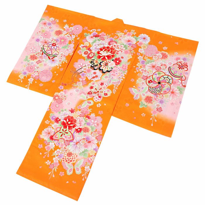 お宮参り 着物 女の子 産着 祝い着 橙 オレンジ 御所車 花車 牡丹 毬