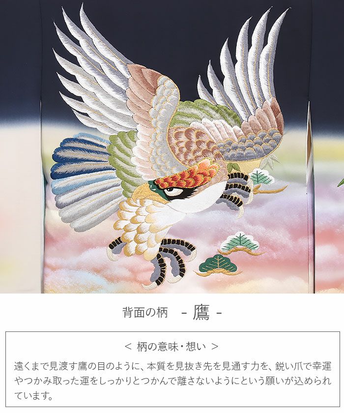 お宮参り 着物 男の子 産着 祝い着 濃紺 ネイビー 鷹 雲流 松紋 立波