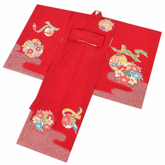 お宮参り 着物 女の子 産着 祝い着 赤 牡丹 鈴 花籠 花かご 菊