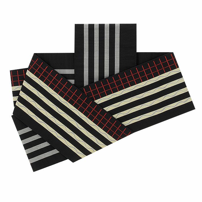 半幅帯 帯 本場筑前博多織 小袋帯 正絹 黒 縞 格子 波 小野織物 日本製