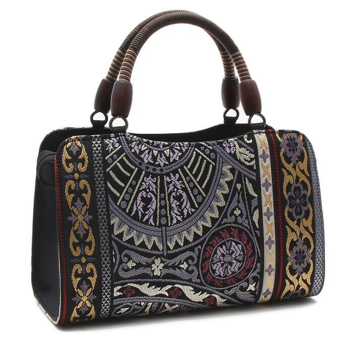 ♥Iychee♥日本製　総革製品　和装バッグ お洒落バッグ 普段用 博多織 ＜華三彩＞ 正絹 ＜黒×紫系／更紗風