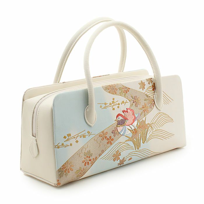 利休バッグ 留袖用 訪問着用 白 水色 金 おしどり あやめ 正絹帯地 日本製