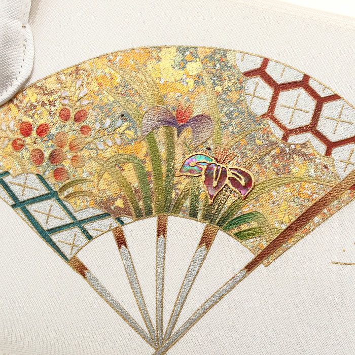 利休バッグ留袖用訪問着用アイボリーホワイト白扇面あやめ花螺鈿正絹帯地日本製黒留袖色留袖訪問着礼装用フォーマル色無地付け下げ結婚式お宮参り七五三和装バッグフォーマル着物和装御茶席華道茶道キレイめカジュアル