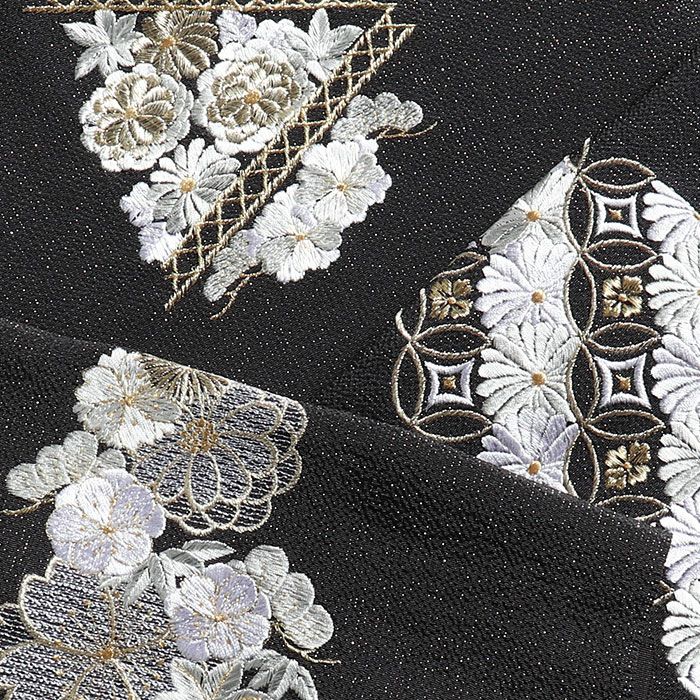 帯揚げ成人式振袖用成人用黒ブラック全3柄七宝梅桜籠目吉祥柄正絹日本製メール便対応可振袖卒業袴振り袖ママ振おしゃれはたち結婚式おびあげ帯あげ謝恩会結婚式披露宴着物和装小物帯揚金通しfs