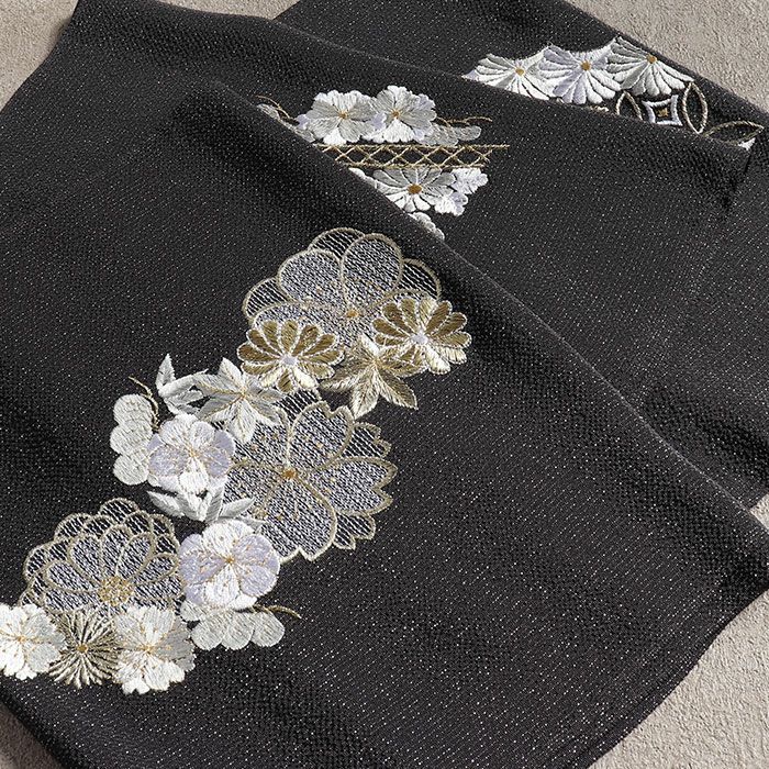 帯揚げ成人式振袖用成人用黒ブラック全3柄七宝梅桜籠目吉祥柄正絹日本製メール便対応可振袖卒業袴振り袖ママ振おしゃれはたち結婚式おびあげ帯あげ謝恩会結婚式披露宴着物和装小物帯揚金通しfs