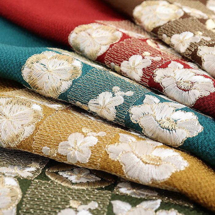 帯揚げ成人式振袖用成人用カラシ青緑エンジ茶緑全5色梅桜椿七宝変わり格子吉祥柄刺繍正絹日本製メール便対応可振袖卒業袴振り袖ママ振おしゃれはたち結婚式おびあげ帯あげ謝恩会結婚式披露宴着物和装小物帯揚fs