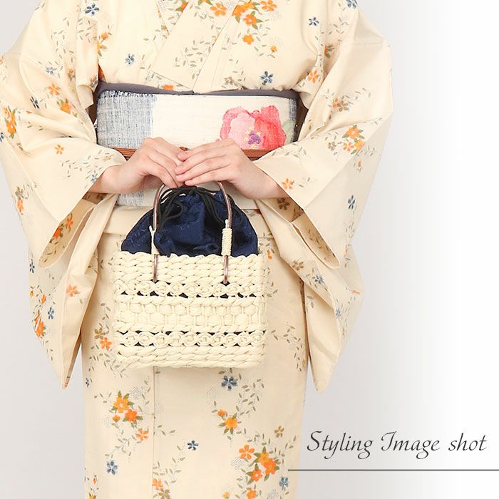 かごバッグかご巾着和紙バッグ和紙製かご巾着レディース浴衣用ゆかた用洋服普段着用Kissteオリジナル全5色蒸栗色黄色ベージュ深紫薄葡萄ピンク灰青紺色夏祭り花火大会お出かけ夏洋装浴衣ゆかたおしゃれかわいい大人カラーくすみカラー