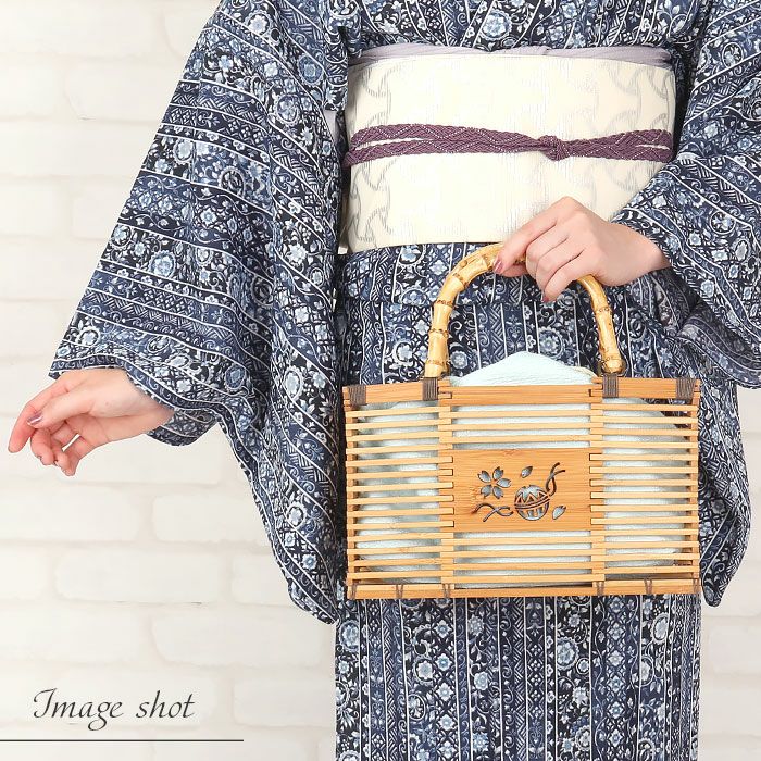 かごバッグ竹かご巾着竹製バッグかご巾着レディース浴衣用ゆかた用全5色桜鞠毬空色萌黄撫子色墨白亜麻色水色黄緑ピンクブルーグレーベージュ夏祭り花火大会お出かけ夏着物浴衣ゆかたおしゃれかわいい大人カラー