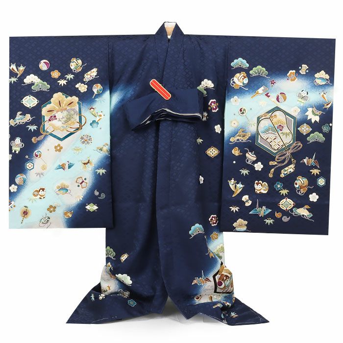 お宮参り着物男の子絹正絹掛け着産着紺水色小槌軍配宝づくし狛犬やっこ玩具松竹梅吉祥紋友禅京友禅金駒刺繍金彩暈しぼかし新品日本製販売購入きもの祝い着のしめ初着祝着一つ身服装赤ちゃんベビー贈答御祝いネイビー