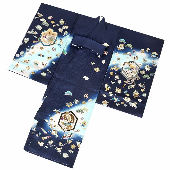 お宮参り着物男の子絹正絹掛け着産着紺水色小槌軍配宝づくし狛犬やっこ玩具松竹梅吉祥紋友禅京友禅金駒刺繍金彩暈しぼかし新品日本製販売購入きもの祝い着のしめ初着祝着一つ身服装赤ちゃんベビー贈答御祝いネイビー